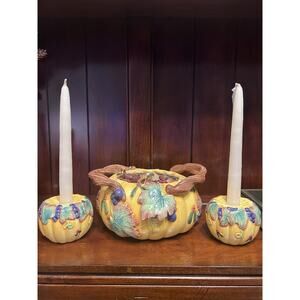 Fitz And Floyd Harvest Banquet Pumpkin With Candlestick Holder 1993 Thanksgiving